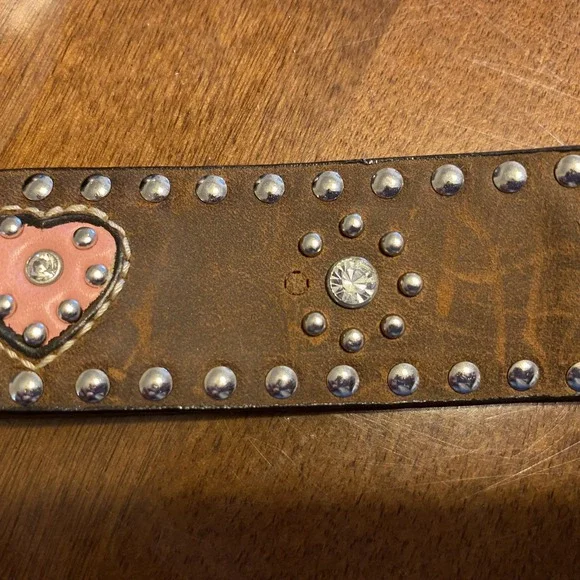 Nocona Brown and Pink Crystal Cross & Hearts Belt Sz 28, Bling Western Gowgirl - Picture 6 of 6